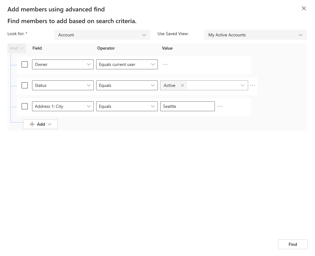 Screenshot of the Add members using advanced find dialog box with the targeted entity pre-selected.