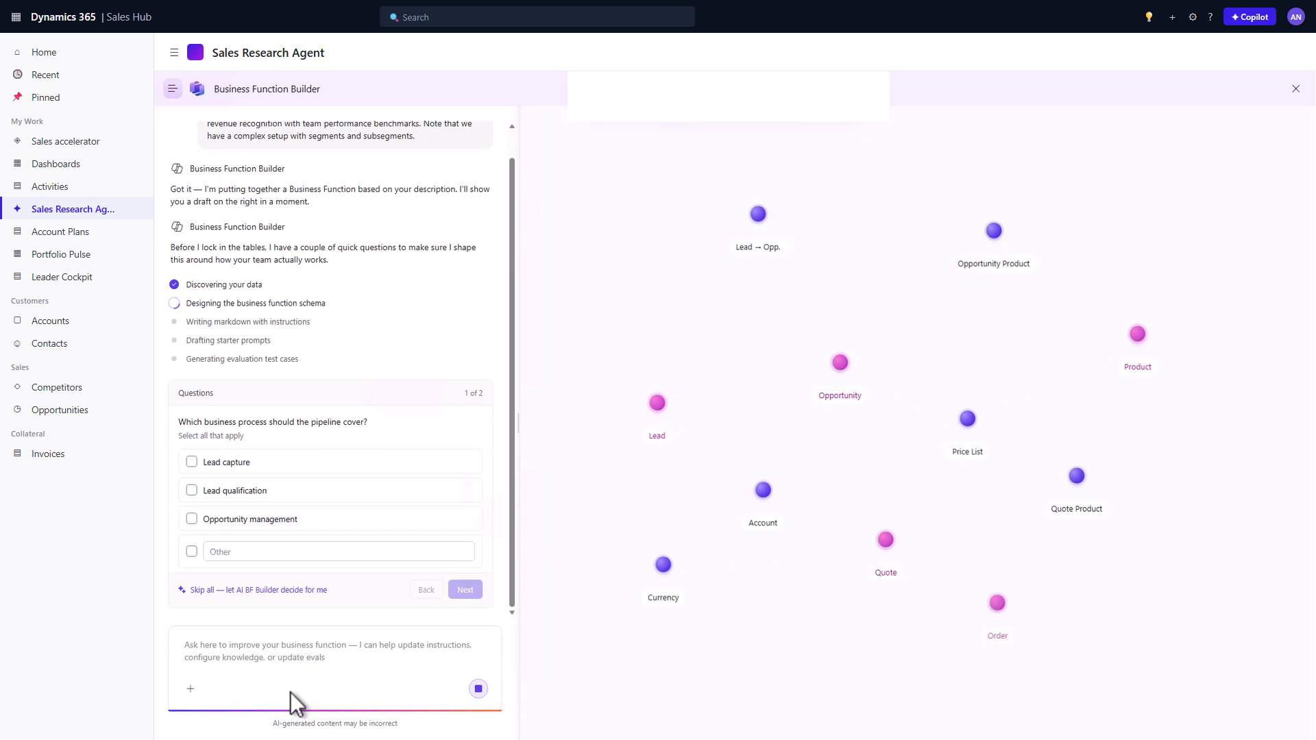 Screenshot of the Discover step in Business Function Builder.