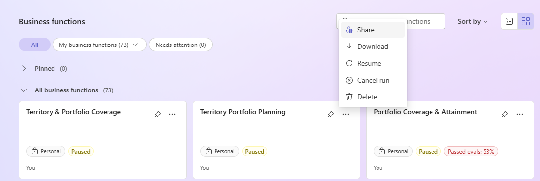 Screenshot of the Share command on a business function in the Business functions list.