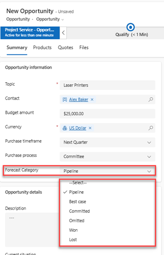 Screenshot of an opportunity form with the Forecast category expanded.