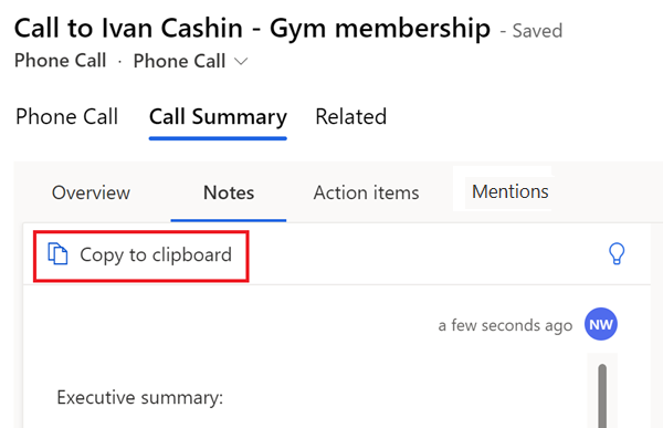 Select the copy to clipboard option to copy summary notes