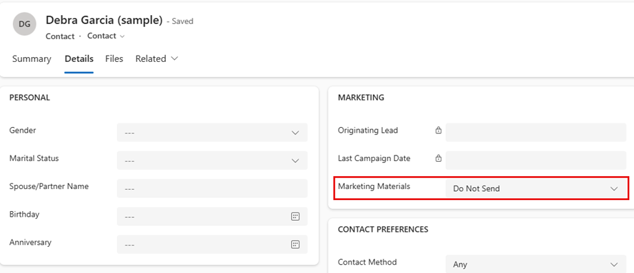 Marketing Materials option on the Contacts page, Details tab.