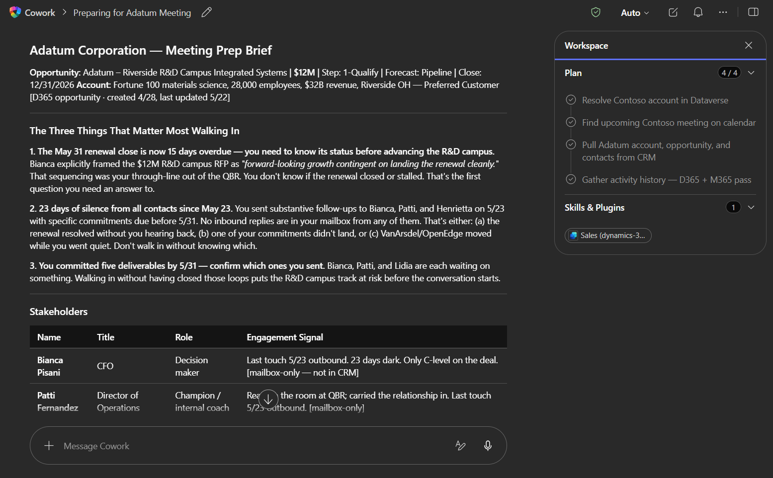 Screenshot of response from Cowork with a step-by-step plan and real-time progress for a sales-related question.