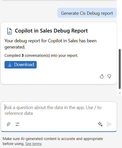 Screenshot of the Copilot interface showing the option to download the debug report after generation.