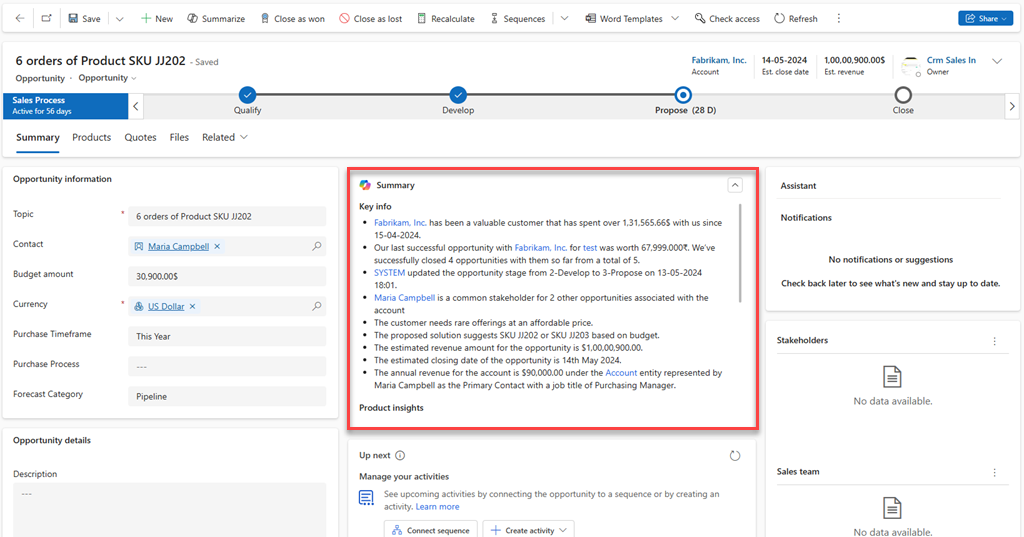 Screenshot of a Copilot opportunity summary widget.