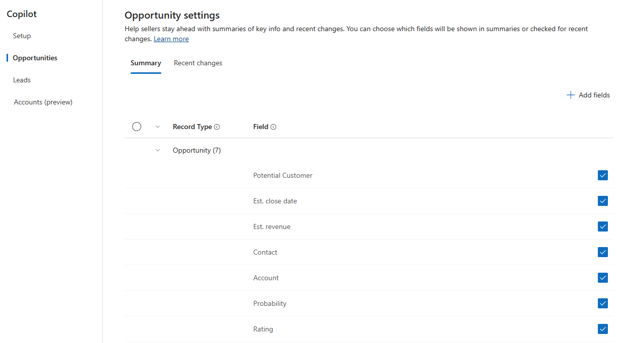 Screenshot of the Opportunity settings page for record summaries in Copilot.