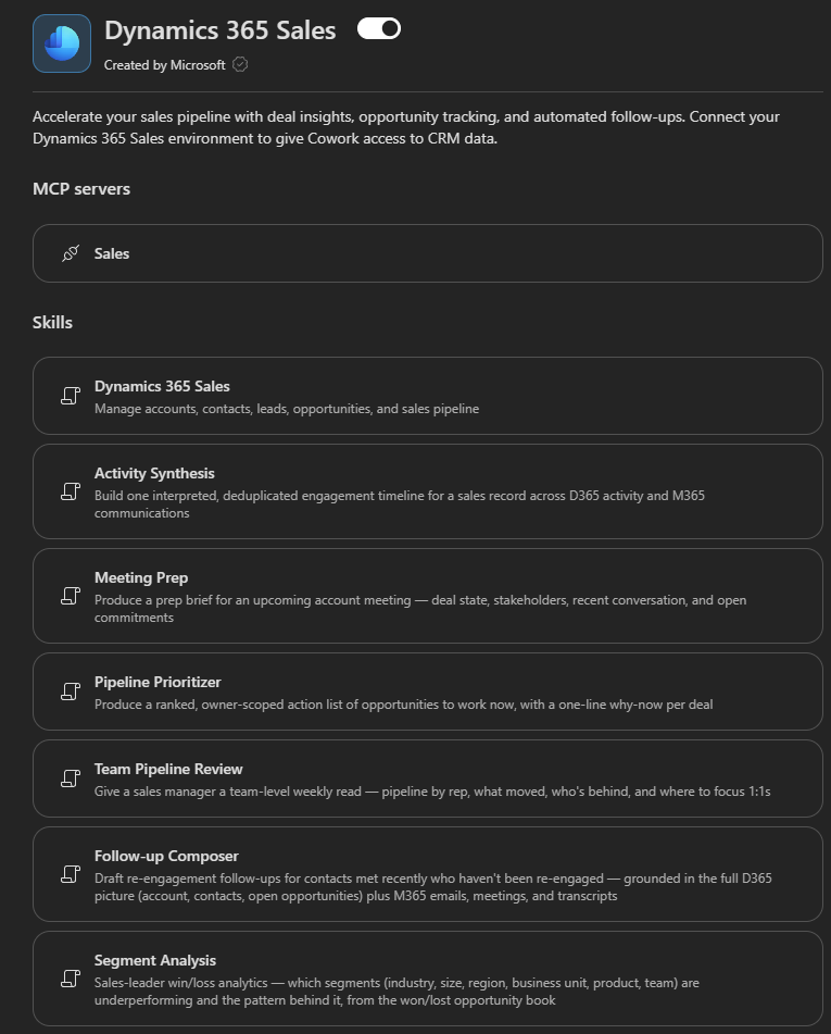 Screenshot of Cowork Manage Plugins page with the Dynamics 365 Sales plugin listed.