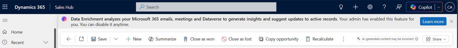 Screenshot of the notification banner in the record that informs the user that Data Enrichment is reading their emails and meeting data to generate suggestions