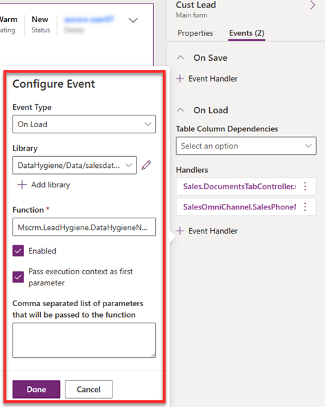 Screenshot of the event configuration for the event handler for duplicate lead detection.