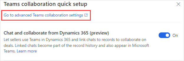 Advanced settings link in quick setup panel for Teams collaboration.