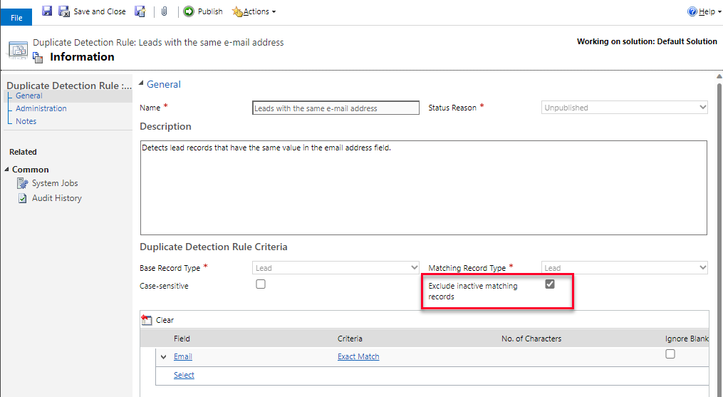A screenshot of enabling the Exclude inactive matching records option.