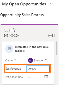 Editable fields on the opportunity card.