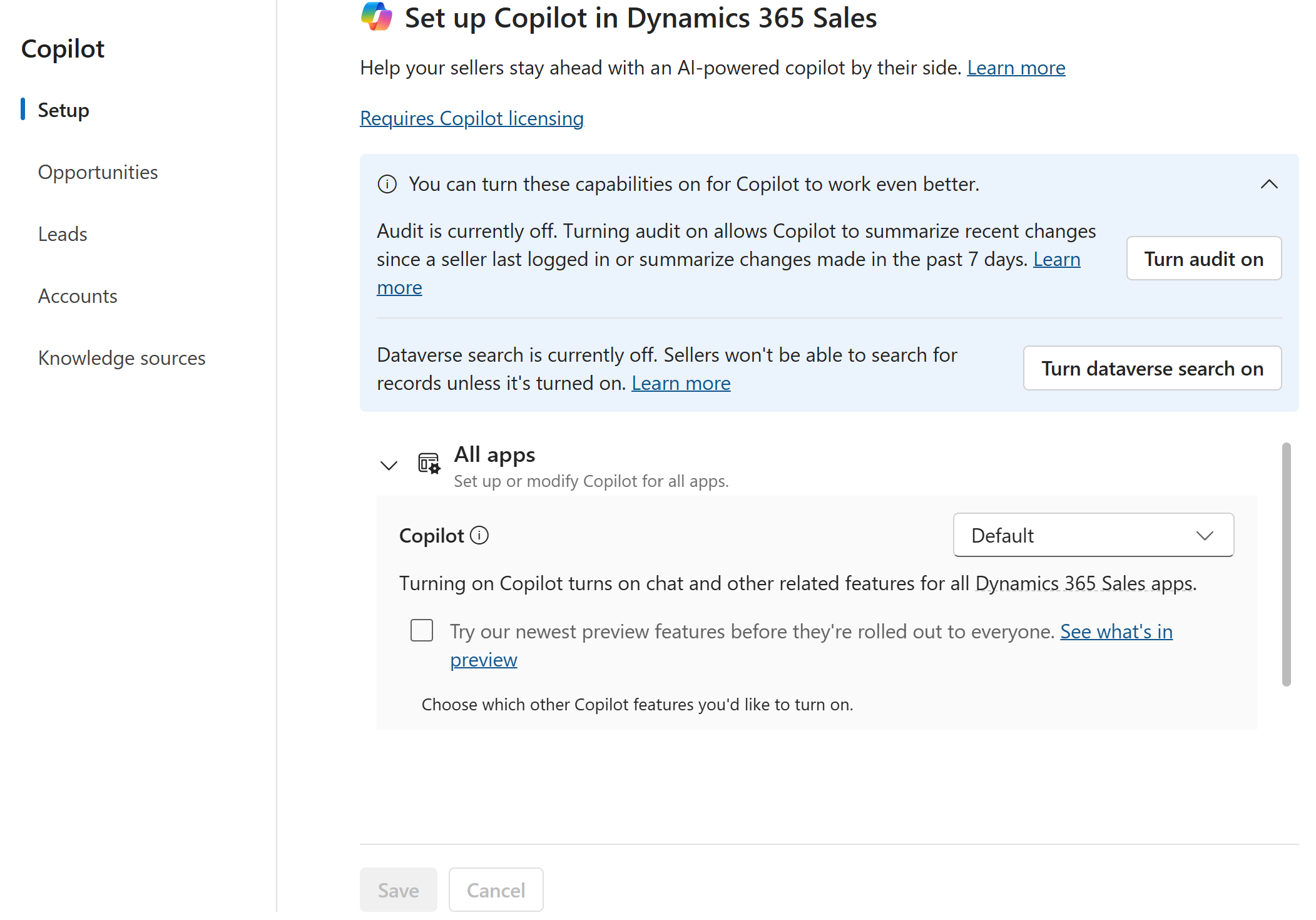 Screenshot of the new settings page in Dynamics 365 Sales Hub.