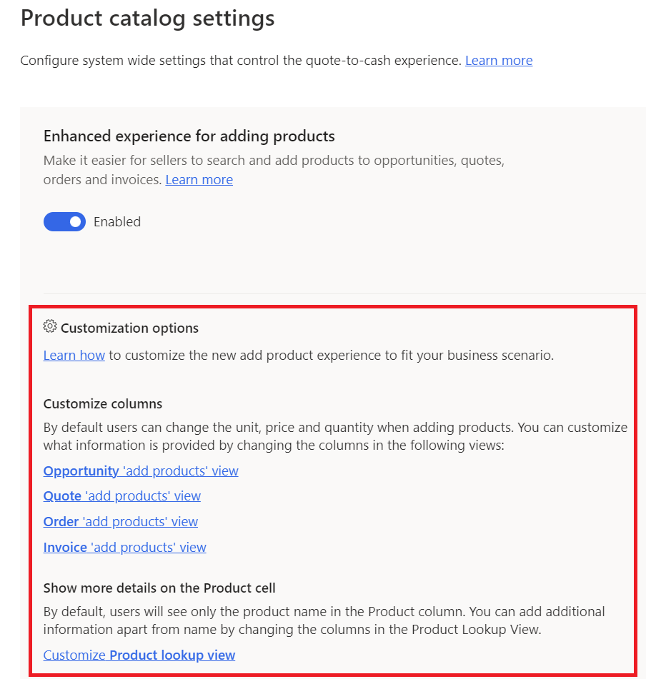 Product catalog settings page with the Enhanced experience for adding products enabled.