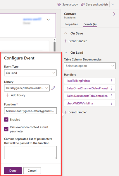 Screenshot of the event configuration for the event handler for email validation.