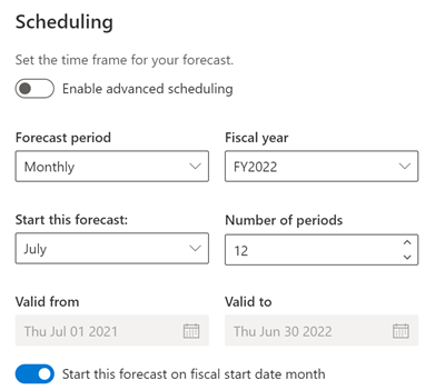 A screenshot of the General step of the Forecast configuration page, with scheduling options set to create a monthly forecast for FY2022.