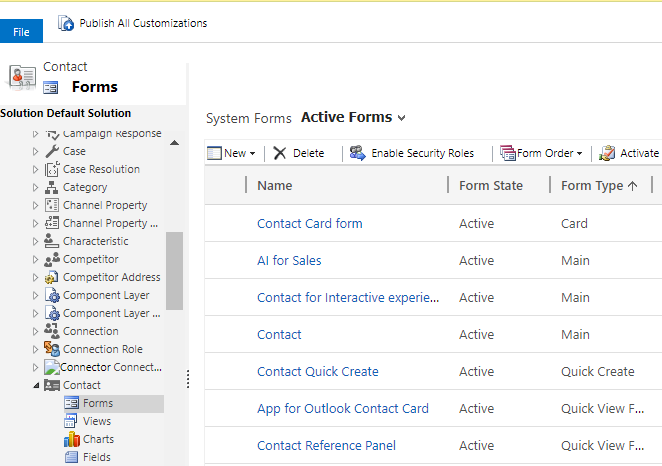 Forms node of Contact entity in the solution explorer.