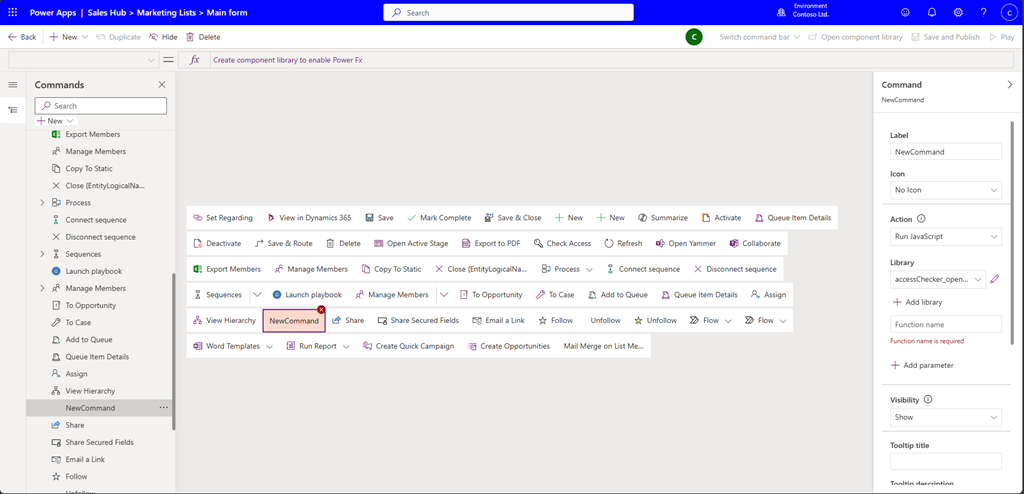 Screen shot of adding a new command to the command bar.