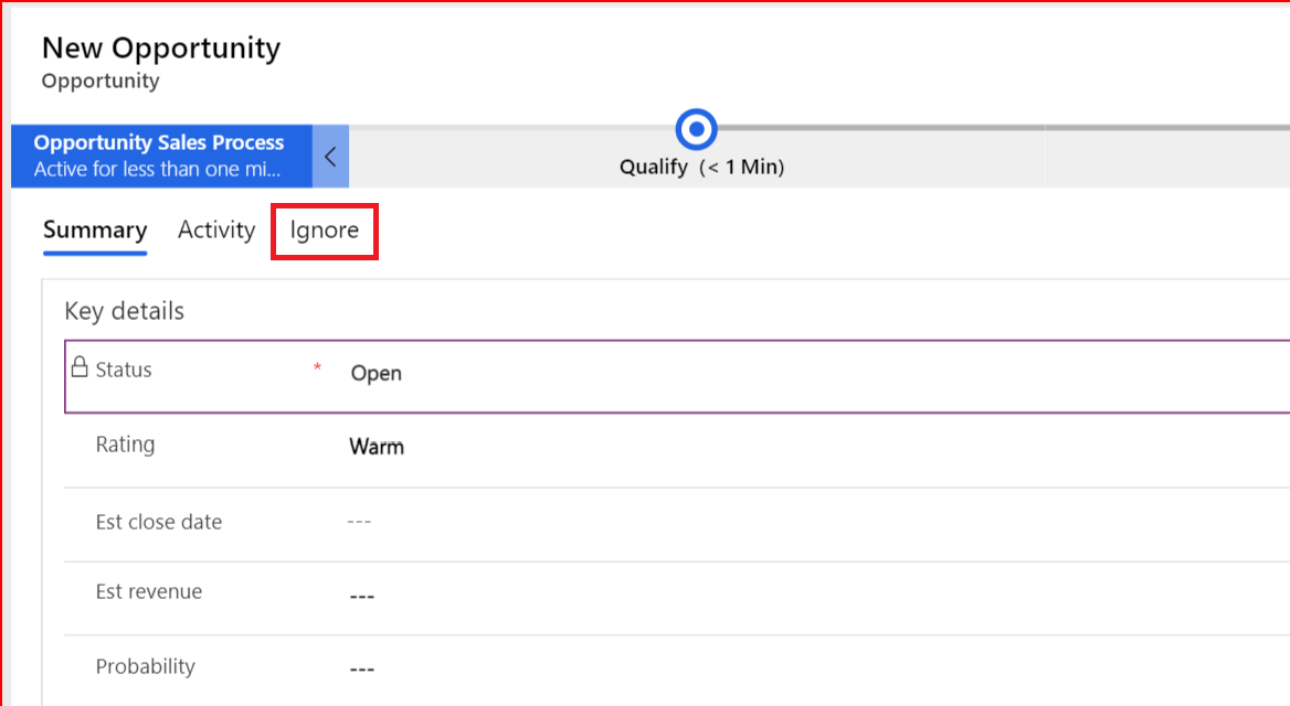 Screenshot of the Ignore option in the In context view form in Power Apps.