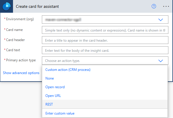 Screenshot of list of supported actions for card.