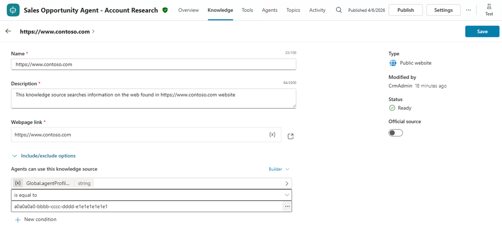 Screenshot of the knowledge source configuration form showing how to filter by agent instance using the agentProfileId variable.