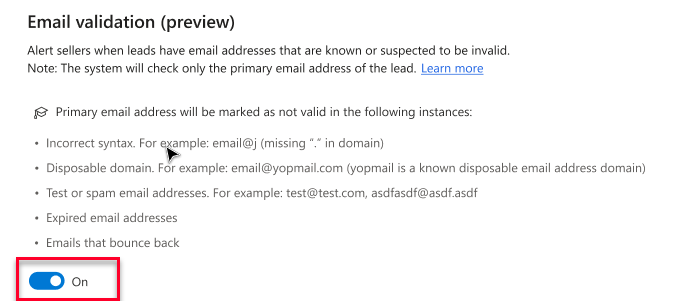 Screenshot illustrating the email validation feature is enabled.