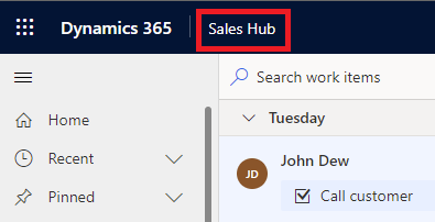 Screenshot of a Dynamics 365 app with the app name highlighted.