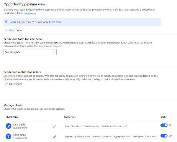 Screenshot of the opportunity pipeline view settings page.