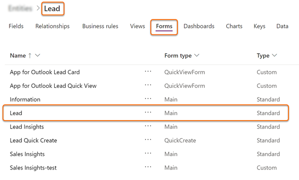 Select the Lead main form on the Forms tab