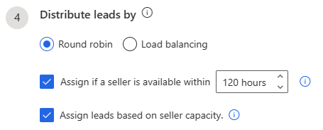 Screenshot that shows the Assign leads based on seller capacity checkbox selected in the Distribute leads by section.