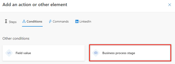 Screenshot of the conditions tab in the activity selection step for business process stages.