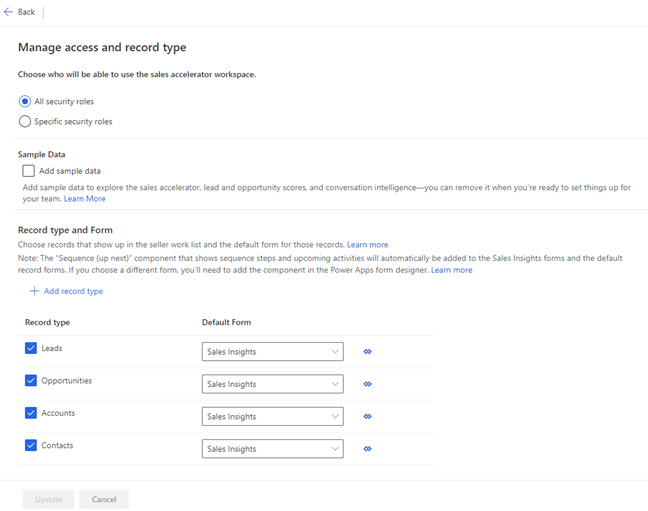 Screenshot of the Manage access and record type settings page.