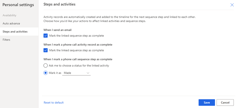 Screenshot of configuring steps and activities.