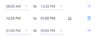 Screenshot of Working hours set from 8:00 AM to 12:30 PM, followed by a break from 12:30 PM to 1:00 PM, followed by working hours from 1:00 PM to 5:00 PM.