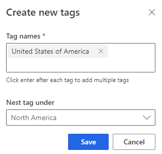 Add the tags United States of America, Canada, and Mexico under the parent node North America.