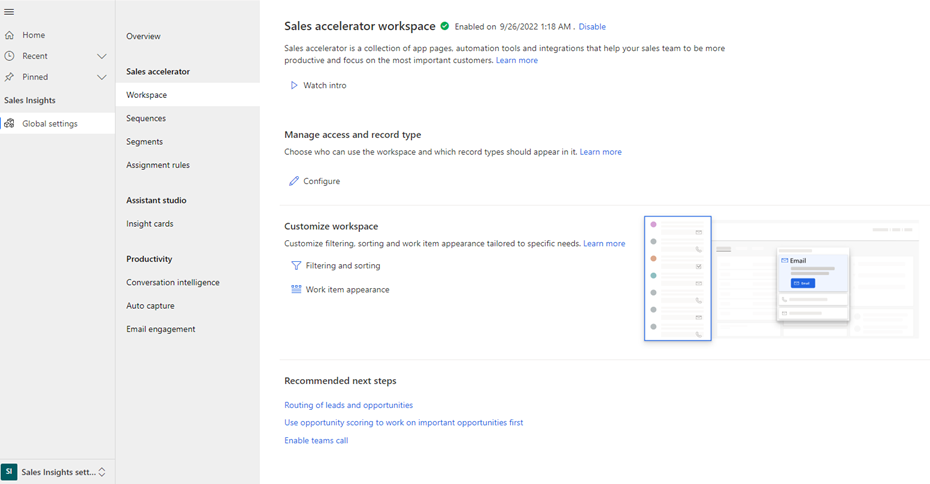 Screenshot of the Sales accelerator workspace settings page.
