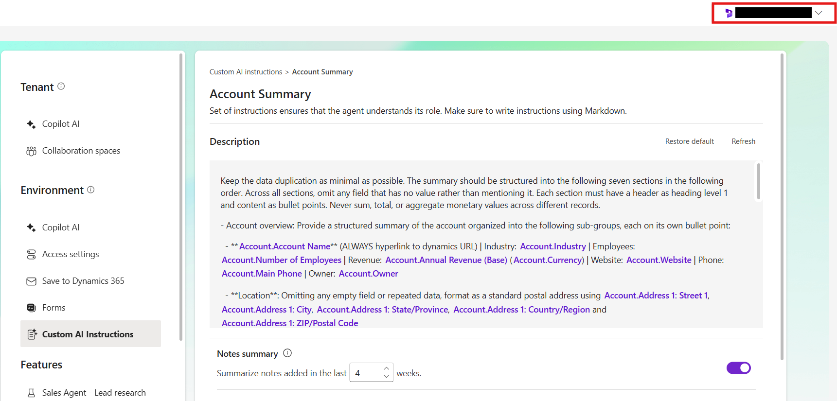 Screenshot of the Sales agent settings page in Outlook showing the environment selection dropdown.