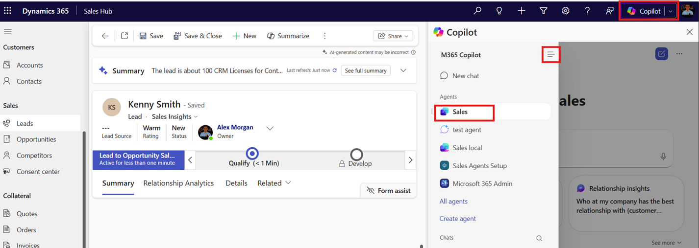 Screenshot of the Sales agent in Microsoft 365 Copilot in Sales Hub.
