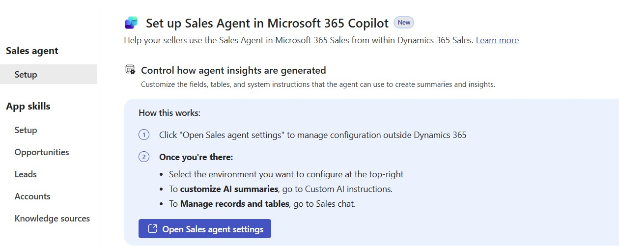 Screenshot of the Sales agent settings page in the Sales Hub app.