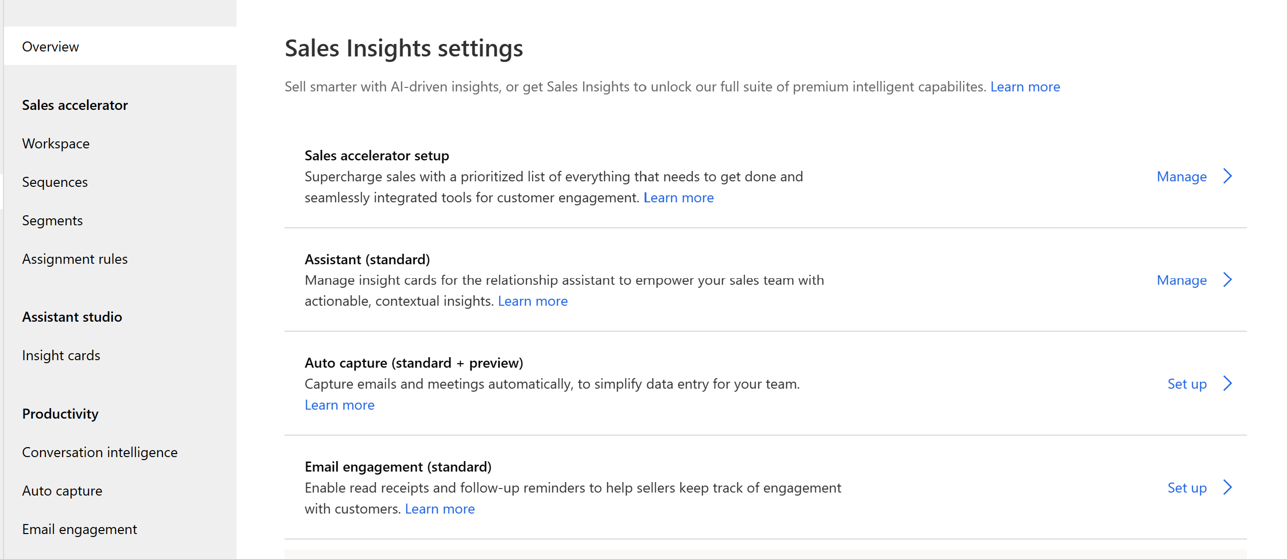 Sales insights settings page.
