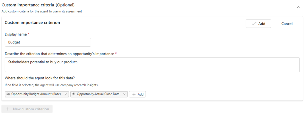 Screenshot of the process for adding a custom importance criterion on the Sales Opportunity Agent configuration page.