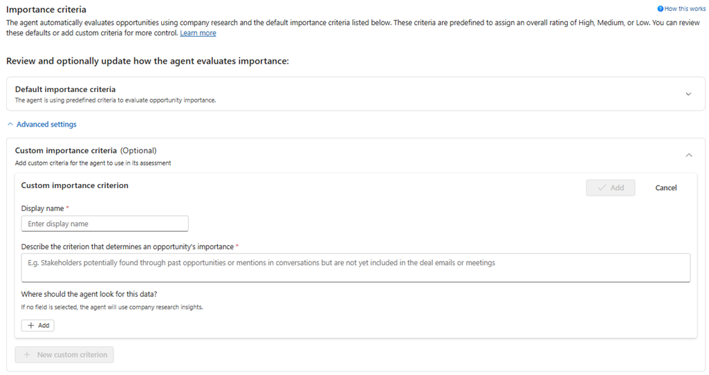Screenshot of the custom importance criteria section on the Sales Opportunity Agent configuration page.