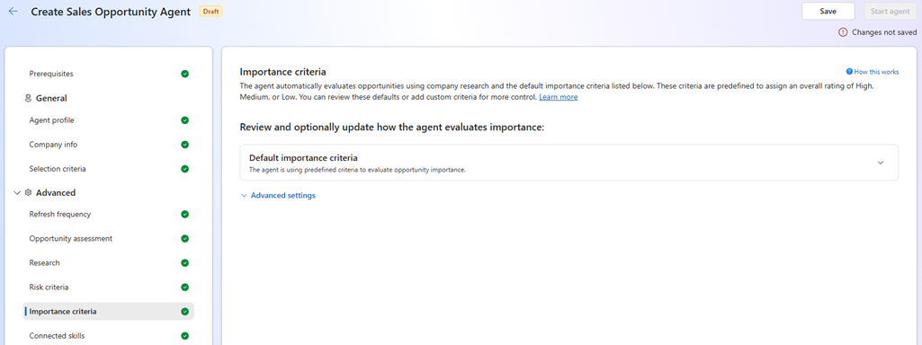 Screenshot of the importance criteria section on the Sales Opportunity Agent configuration page.