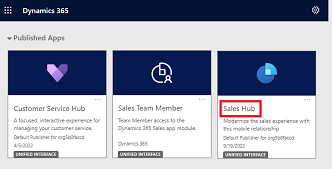 Screenshot of the Sales Hub app card on the **Published apps** page.