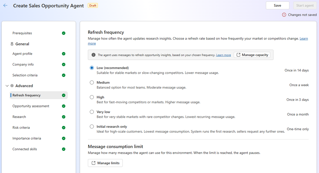 Screenshot of the Sales Opportunity Agent refresh frequency settings page.