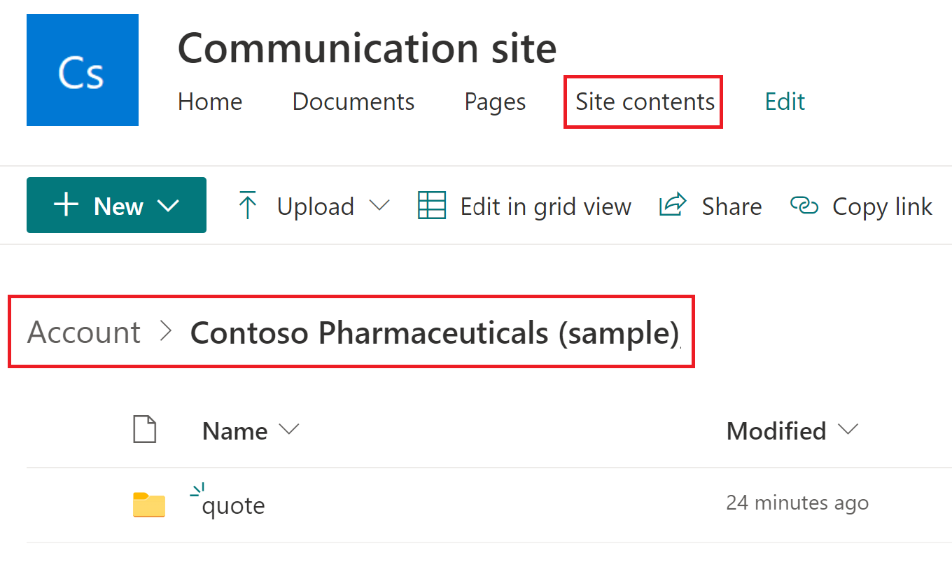 Screenshot showing the SharePoint site navigation to access the Account folder
