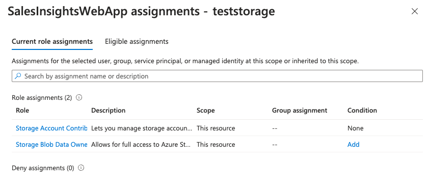 Screenshot of the role assignment tab with the roles assigned for the SalesInsightsWebApp in the Azure portal
