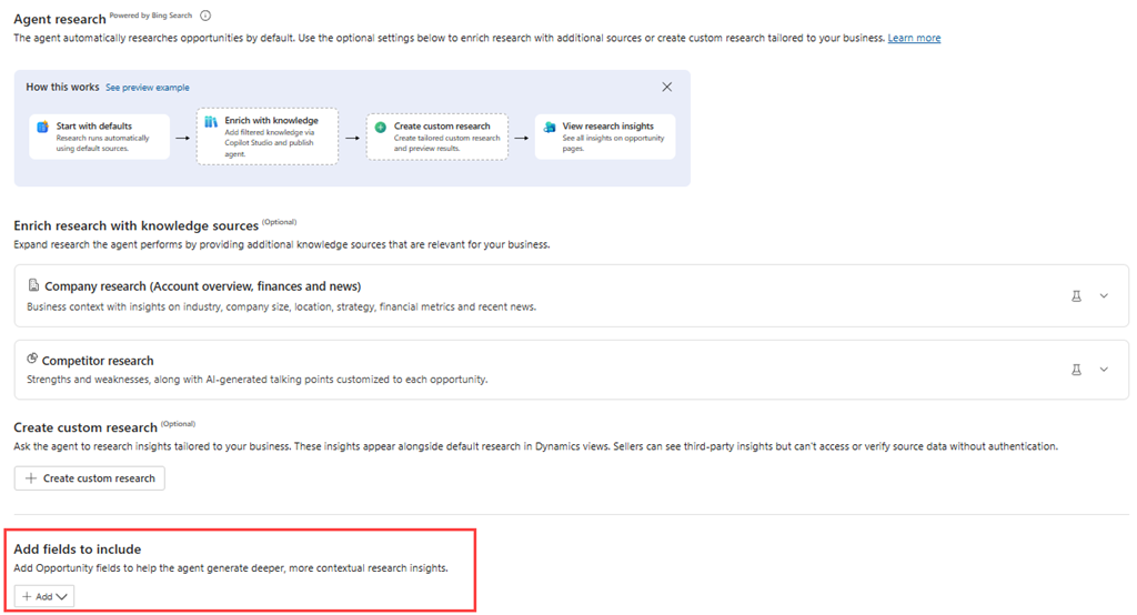 Screenshot of the Add fields to include section in the Sales opportunity Agent research settings page.