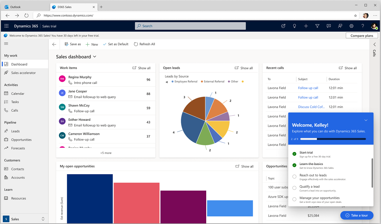 Screenshot of the Dashboards page in the Dynamics 365 Sales Trial app.