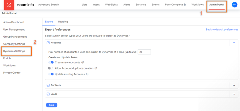 Select dynamics settings from admin portal in ZoonInfo